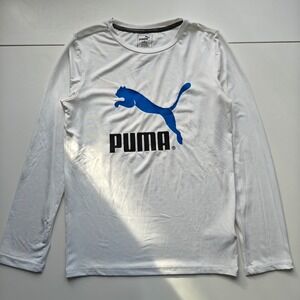 Puma Mens White Long Sleeve Graphic Logo Performance Shirt DryCell Size M 10-12